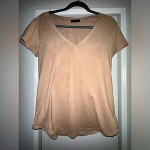 Light brown tan v neck short sleeve shirt - suede - small